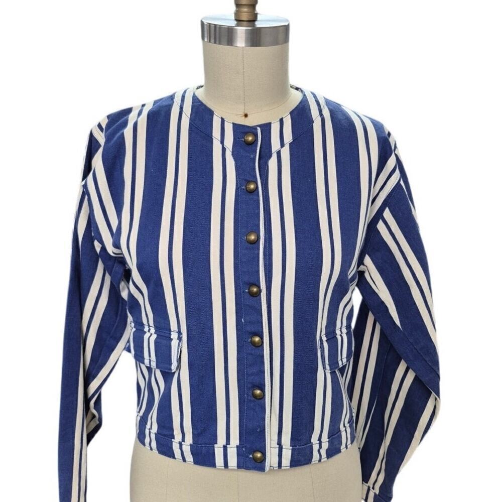 Vtg 80s 90s Retro Blue White Striped Denim Jacket  Sz M Brass Button Down